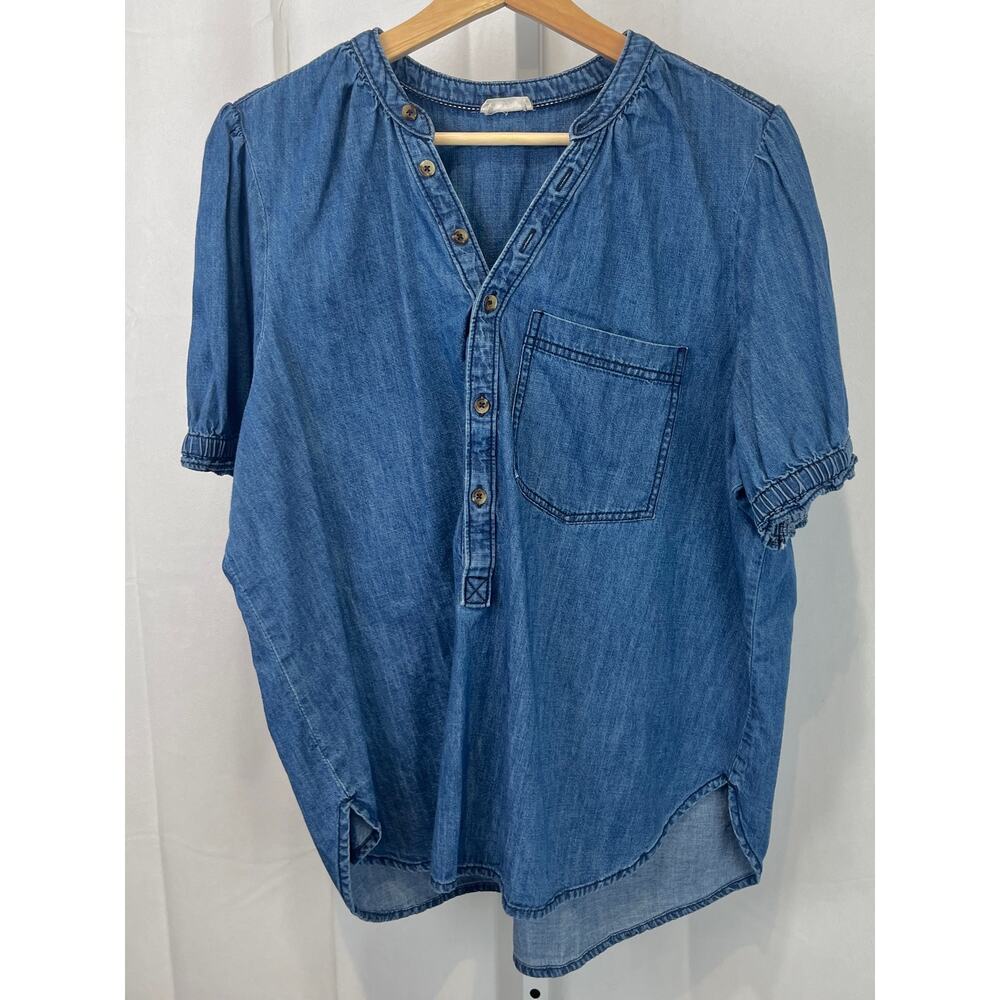 PILCRO Anthropologie Aly Denim Puff Sleeve Top Pullover Henley Blue ESTIMATED XL